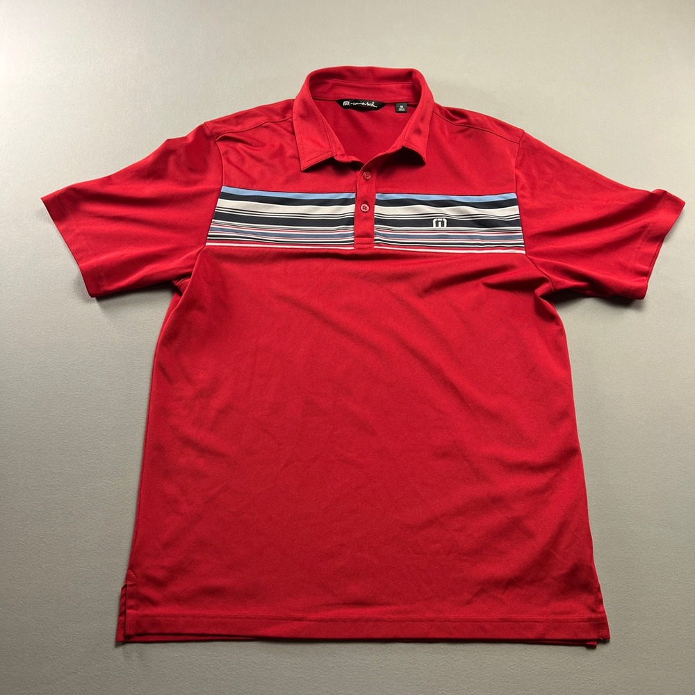 Travis Mathew Performance Golf Polo Shirt Mens Medium Red Striped Stretch Logo